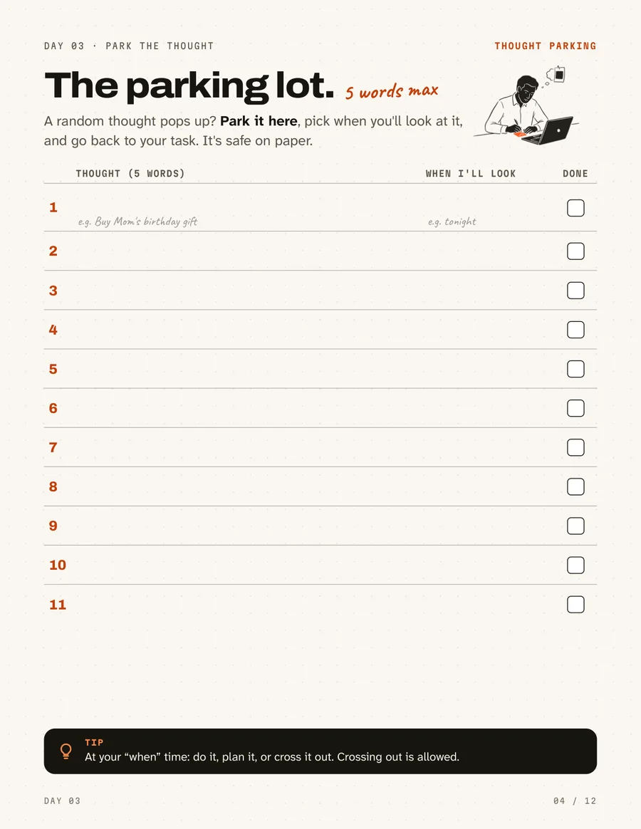 A workbook page: the thought parking lot